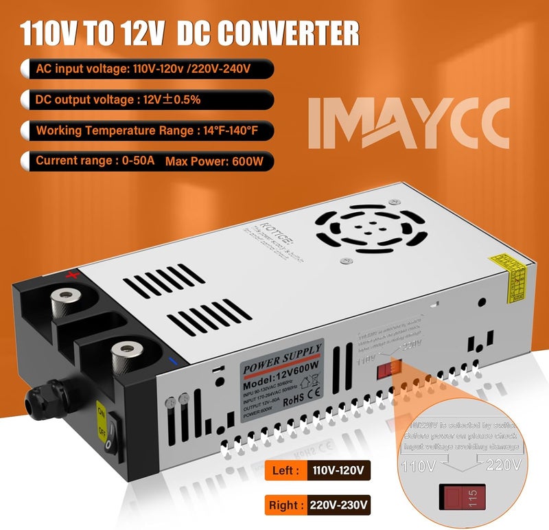 IMAYCC Diesel Heater Power Supply,110V to 12V DC Converter, AC to DC Converter 600W 50A,120V to 12V Power Supply - Image 2